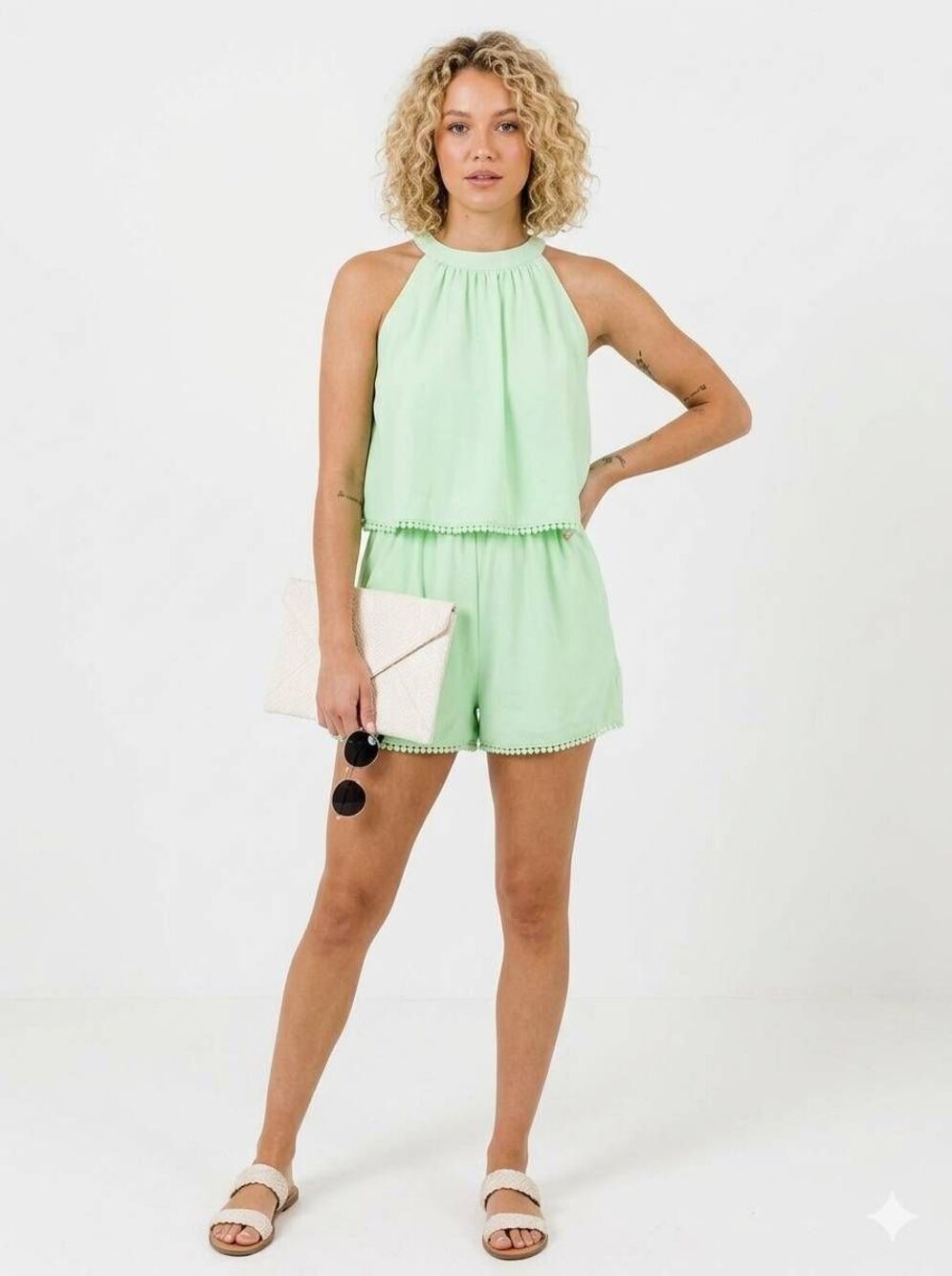 ☔️🔹️Pink Lily Mint Halter Neck Pom Pom Trim Sleeveless Romper Shorts Small
